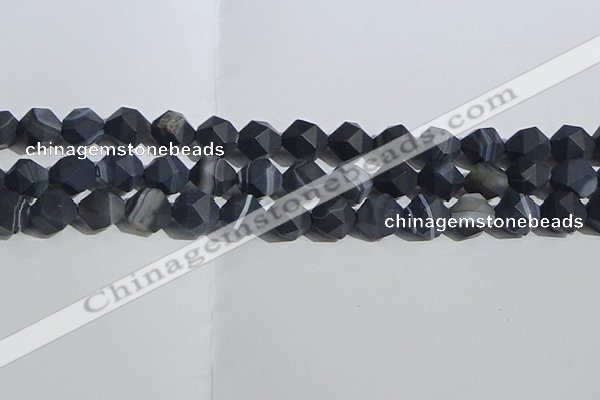 CAA1245 15.5 inches 12mm faceted nuggets matte black line agate beads