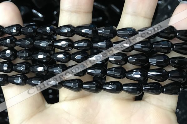 CAA2510 15.5 inches 6*9mm faceted teardrop black agate beads