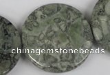 CBD255 15.5 inches 35mm faceted coin green brecciated jasper beads