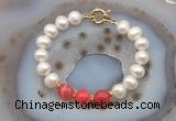 CFB1038 Hand-knotted 9mm - 10mm potato white freshwater pearl & red banded agate bracelet