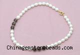 CFN323 9 - 10mm rice white freshwater pearl & smoky quartz necklace wholesale