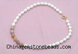 CFN437 9 - 10mm rice white freshwater pearl & rainbow moonstone necklace