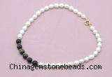 CFN438 9 - 10mm rice white freshwater pearl & golden obsidian necklace