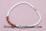 CFN444 9 - 10mm rice white freshwater pearl & red banded agate necklace