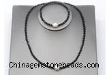 CFN627 4mm faceted round black spinel & potato white freshwater pearl jewelry set