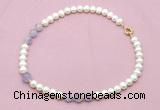 CFN706 9mm - 10mm potato white freshwater pearl & lavender amethyst necklace