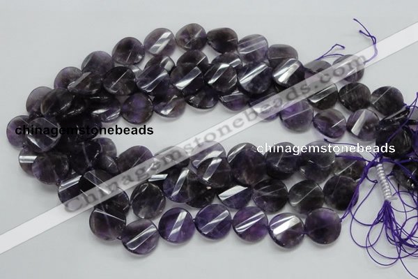 CNA45 15.5 inches 20mm twisted faceted coin grade A natural amethyst beads