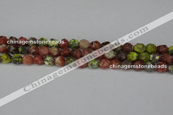 CNG6117 15.5 inches 8mm faceted nuggets red plum blossom jade beads