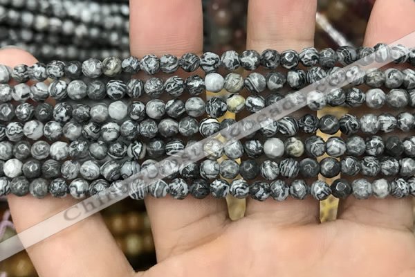 CPJ640 15.5 inches 4mm faceted round grey picture jasper beads