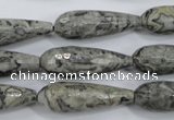 CPT137 15.5 inches 10*30mm faceted teardrop grey picture jasper beads