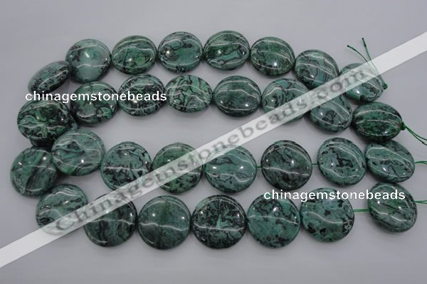 CPT332 15.5 inches 25mm flat round green picture jasper beads