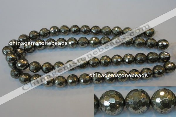 CPY111 15.5 inches 16mm faceted round pyrite gemstone beads wholesale
