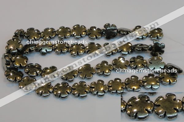 CPY165 15.5 inches 20mm carved flower pyrite gemstone beads wholesale