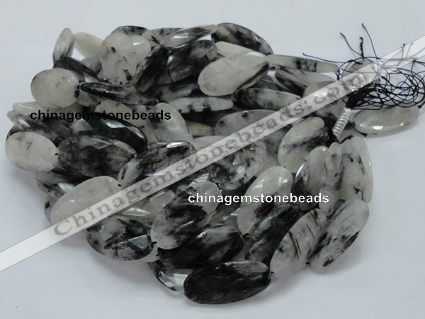 CRU20 15.5 inches 20*40mm faceted oval black rutilated quartz beads