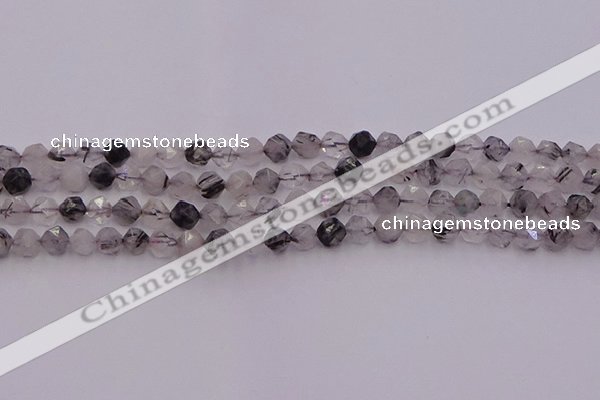 CRU511 15.5 inches 6mm faceted nuggets black rutilated quartz beads