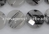 CRU98 15.5 inches 22mm faceted coin black rutilated quartz beads