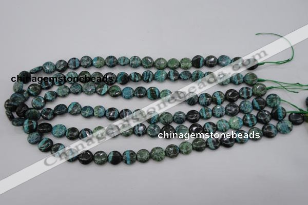 CSJ214 15.5 inches 10mm flat round dyed green silver line jasper beads