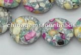 CTU110 16 inches 20mm flat round dyed flower turquoise beads wholesale