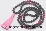 GMN6116 Knotted 8mm, 10mm black lava & red tiger eye 108 beads mala necklace with tassel