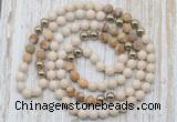 GMN6445 Hand-knotted 8mm, 10mm white fossil jasper & picture jasper 108 beads mala necklaces