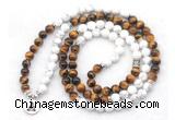 GMN7086 Chakra 8mm white howlite & yellow tiger eye 108 mala beads wrap bracelet necklaces