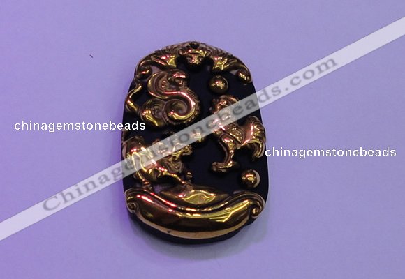 NGP2010 30*40mm carved gold plated matte black obsidian pendants