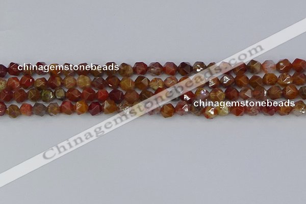 CAA1000 15.5 inches 6mm faceted nuggets red moss agate beads