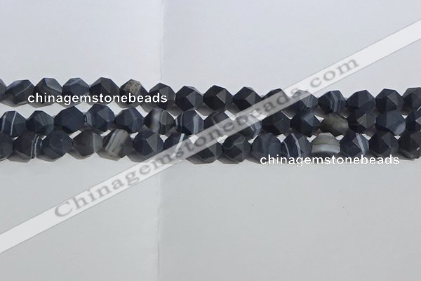 CAA1244 15.5 inches 10mm faceted nuggets matte black line agate beads