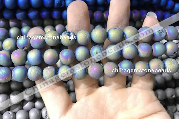 CAA1318 15.5 inches 10mm round matte plated druzy agate beads
