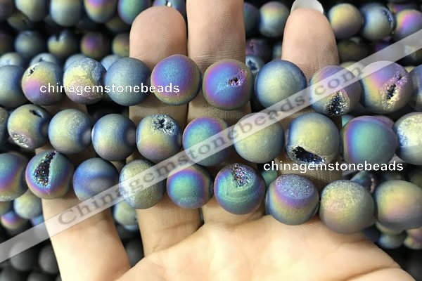 CAA1379 15.5 inches 16mm round matte plated druzy agate beads