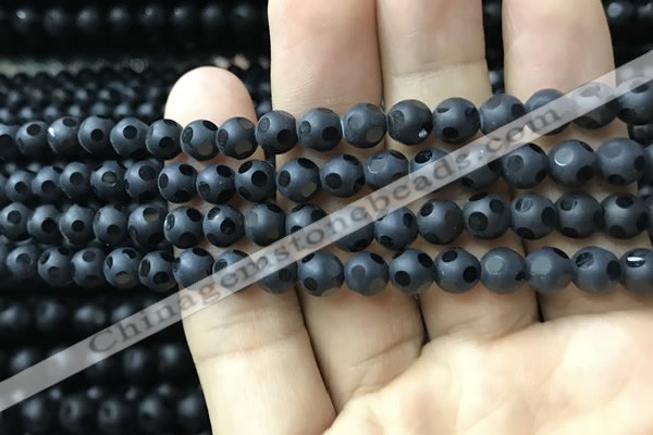 CAA2458 15.5 inches 6mm carved round matte black agate beads