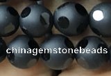 CAA2459 15.5 inches 8mm carved round matte black agate beads