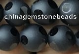 CAA2460 15.5 inches 10mm carved round matte black agate beads