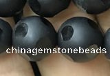 CAA2462 15.5 inches 14mm carved round matte black agate beads