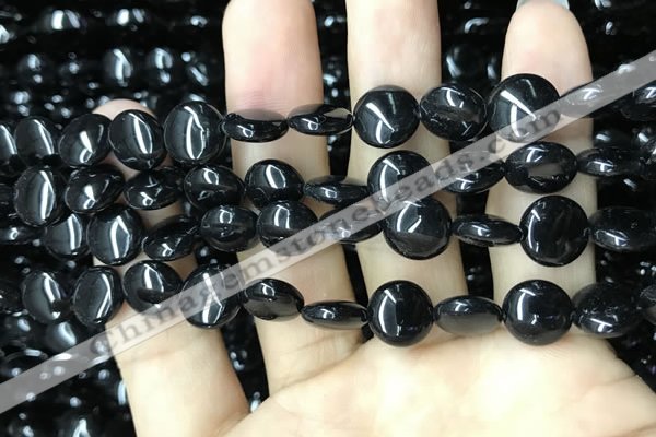 CAA2526 15.5 inches 10mm flat round black agate beads wholesale