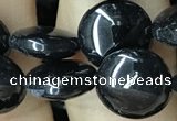 CAA2527 15.5 inches 12mm flat round black agate beads wholesale