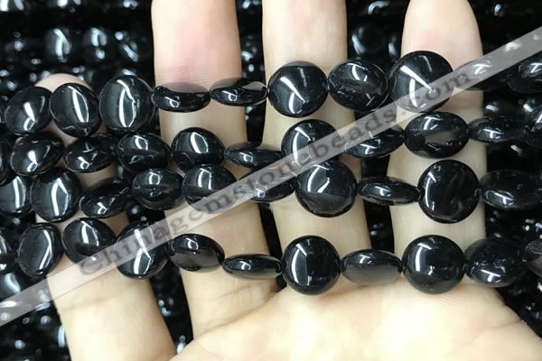 CAA2527 15.5 inches 12mm flat round black agate beads wholesale