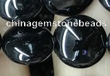 CAA2528 15.5 inches 14mm flat round black agate beads wholesale