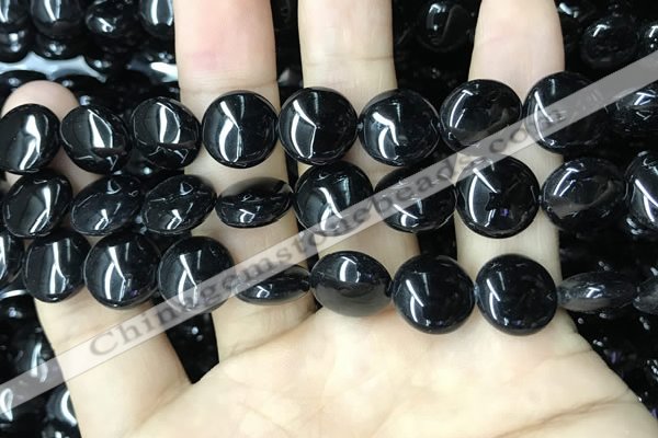 CAA2528 15.5 inches 14mm flat round black agate beads wholesale