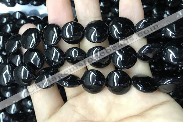 CAA2530 15.5 inches 18mm flat round black agate beads wholesale