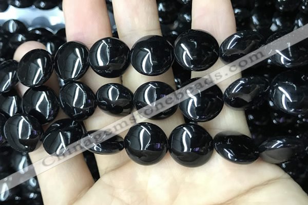 CAA2531 15.5 inches 20mm flat round black agate beads wholesale