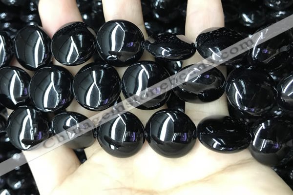 CAA2533 15.5 inches 30mm flat round black agate beads wholesale