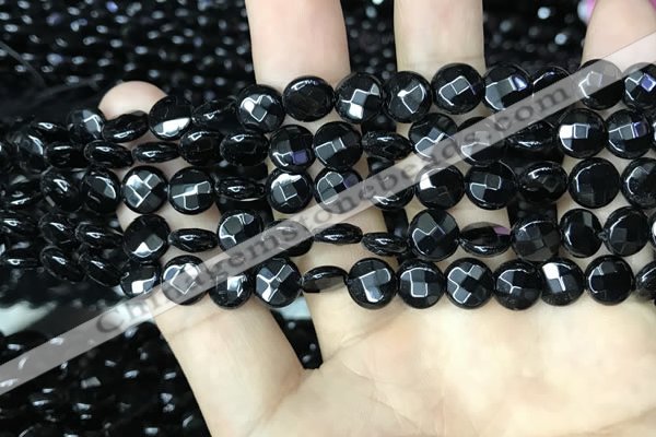 CAA2579 15.5 inches 8mm faceted coin black agate beads wholesale