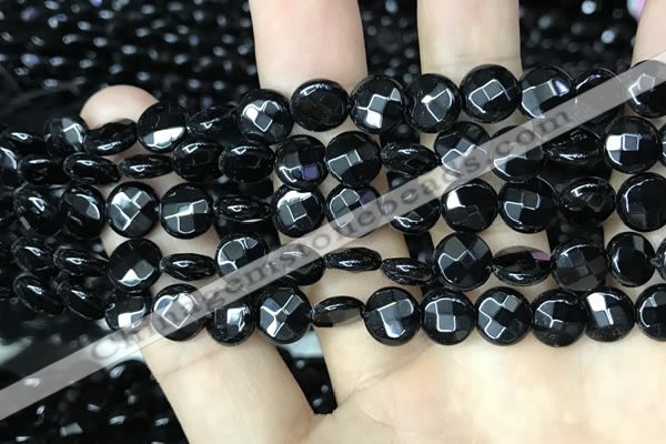 CAA2581 15.5 inches 12mm faceted coin black agate beads wholesale