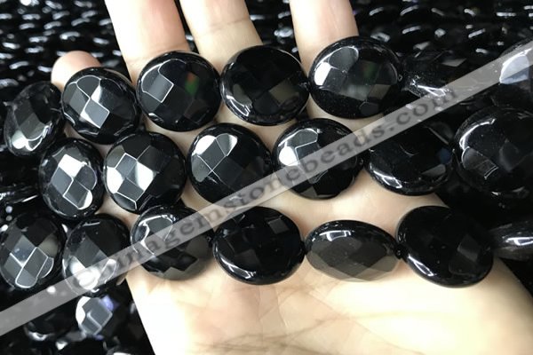 CAA2587 15.5 inches 30mm faceted coin black agate beads wholesale