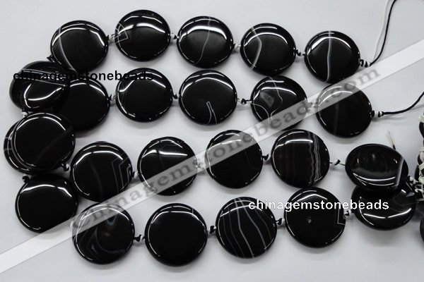 CAA265 15.5 inches 30mm flat round black line agate gemstone beads