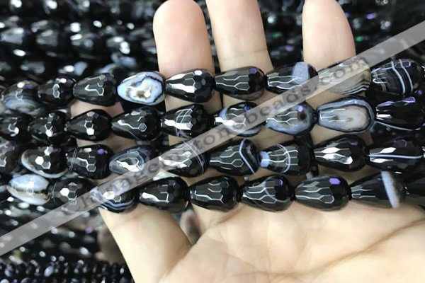 CAA2653 15.5 inches 10*14mm faceted teardrop banded black agate beads