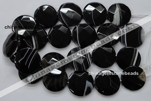 CAA280 15.5 inches 18mm faceted coin black line agate beads