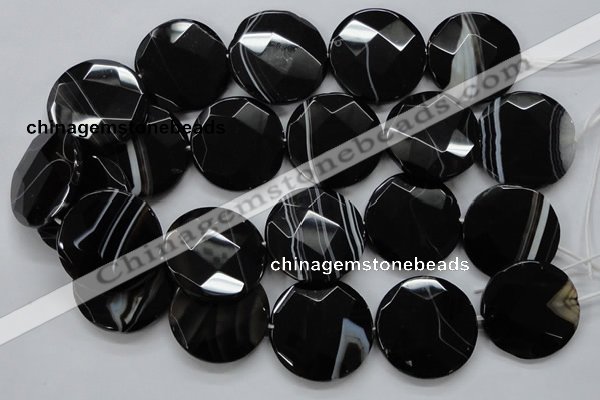 CAA281 15.5 inches 35mm faceted coin black line agate beads