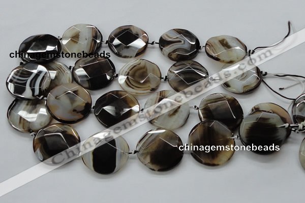 CAA290 15.5 inches 35mm faceted coin black line agate beads